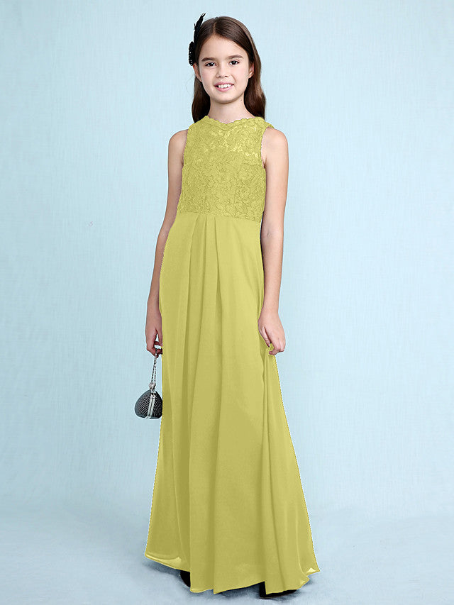 Sheath Column Scoop Neck Floor Length Chiffon & Lace Junior Bridesmaid Dress