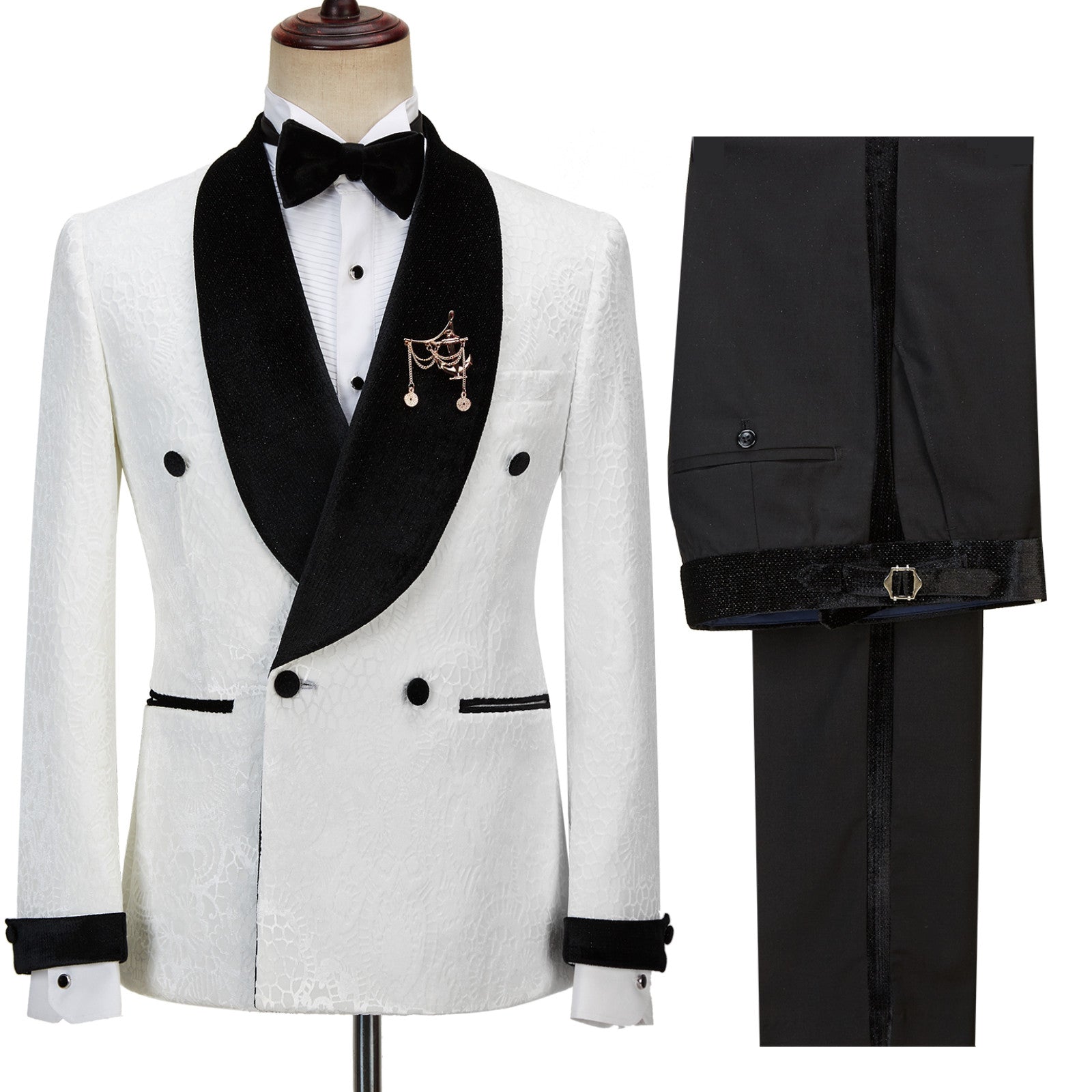 Double Breasted White Sparkle Jacquard Shawl Lapel Reception Suit For Guys