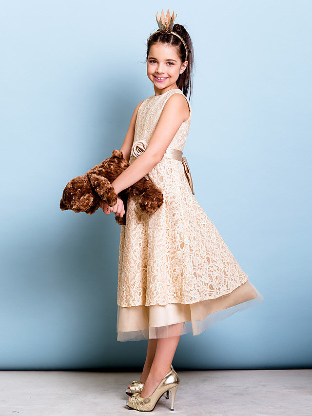 A-Line Jewel Neck Tea Length Floral Lace Junior Bridesmaid Dress with Sash & Accessories