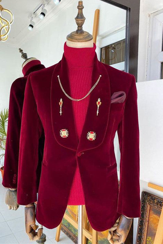 Red Velvet Shawl Lapel Wedding Suit for Groom - Fashion Style Online!