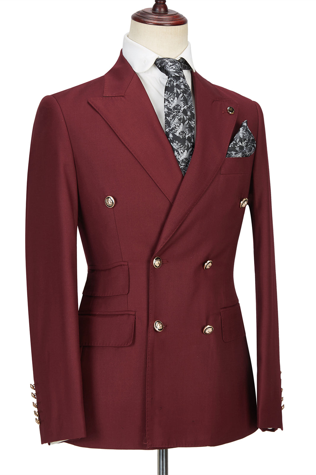 Glamorous Burgundy Groomsmen Outfits with Peak Lapel Double Breasted