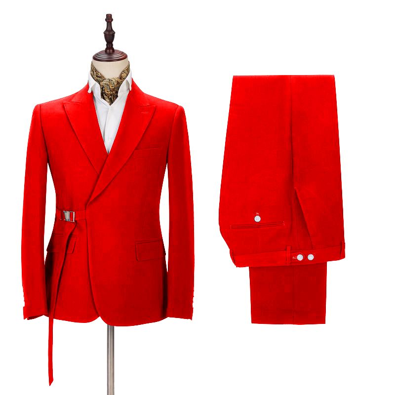 Slim Fit Bright Red Summer Wedding Suit with Peak Lapel & Buckle Button