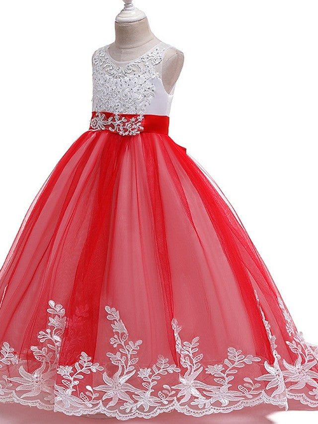 Princess Tulle Sleeveless Jewel Flower Girl Dress with Bow Appliques Beading
