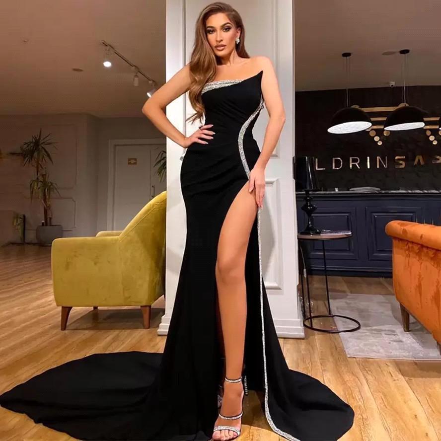 Mermaid Black Strapless Prom Dress with Slit