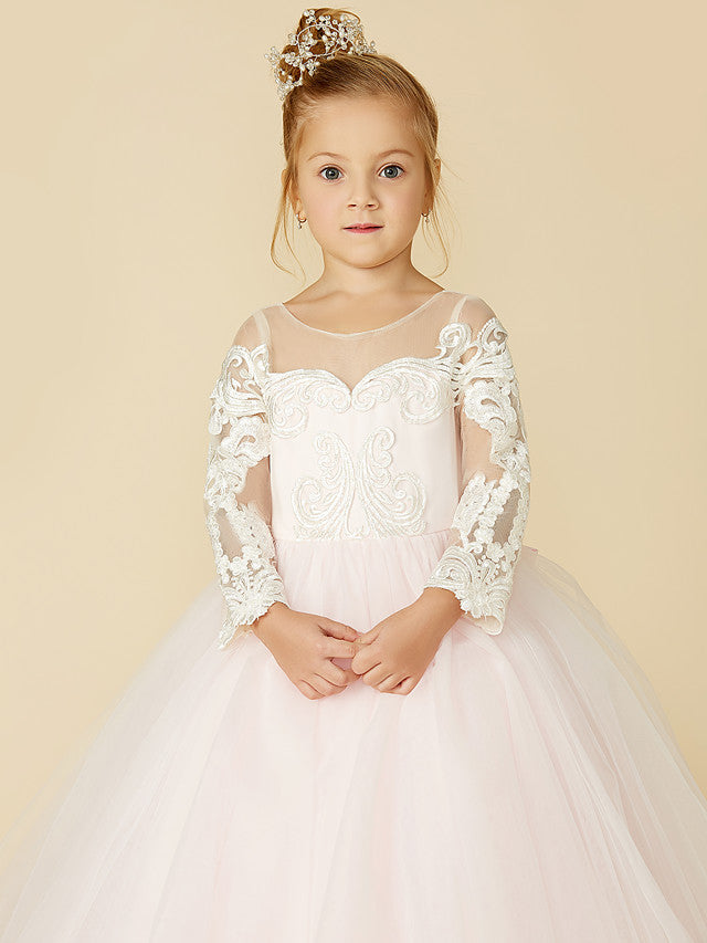 Ball Gown Long Sleeve Illusion Neck Flower Girl Dress with Lace Tulle Bows and Buttons