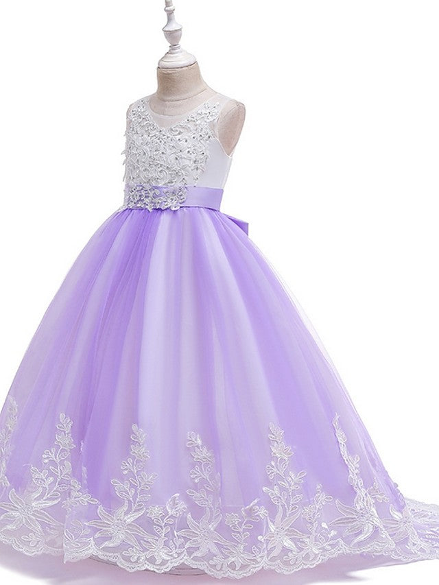 Princess Tulle Sleeveless Jewel Flower Girl Dress with Bow Appliques Beading