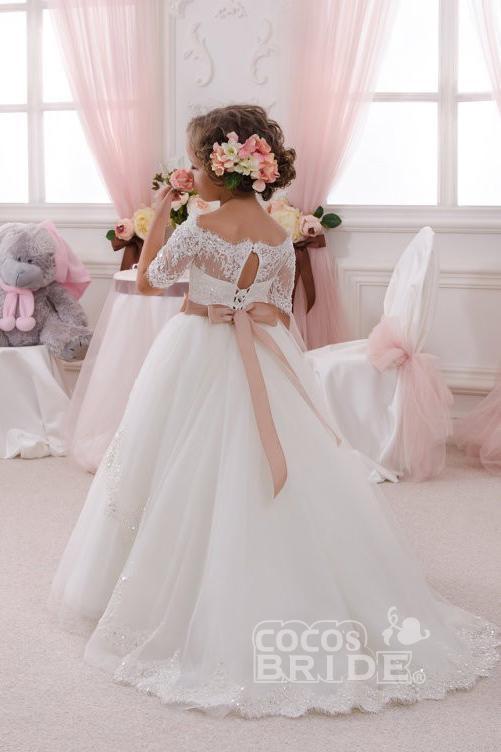 Gorgeous White Ball Gown for Girls with 1/2 Sleeves and Lace Detail