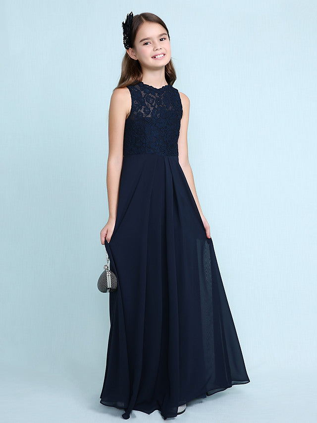 Sheath Column Scoop Neck Floor Length Chiffon & Lace Junior Bridesmaid Dress