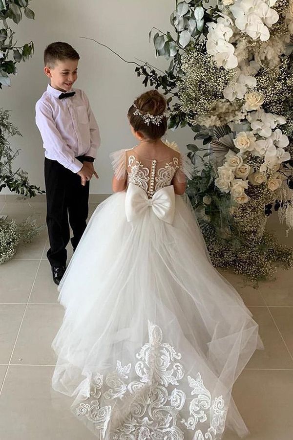 Jewel Sleeveless Ball Gown with Lace Appliques and Bow for Flower Girl Dress