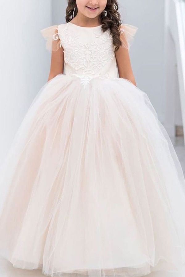 Jewel Sleeveless Ball Gown with Lace Appliques and Bow for Flower Girl Dress
