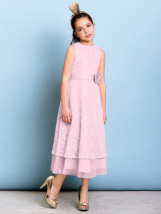 A-Line Jewel Neck Tea Length Floral Lace Junior Bridesmaid Dress with Sash & Accessories