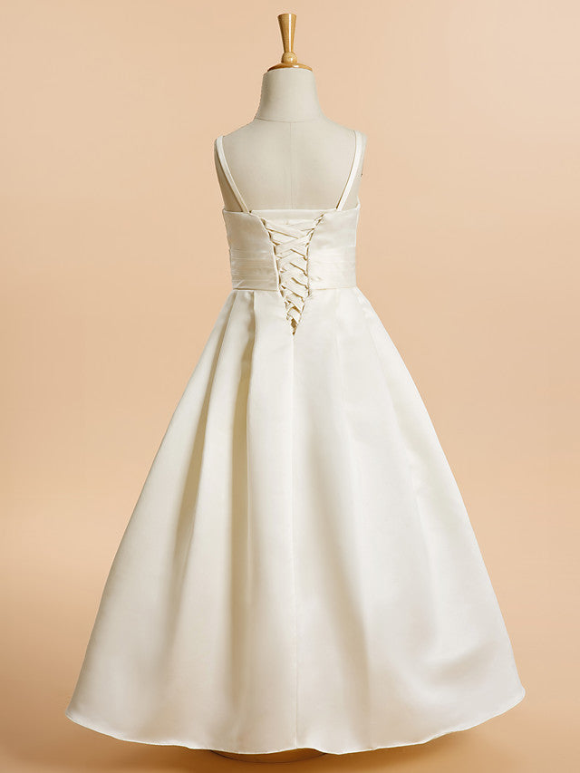 Satin A-Line Flower Girl Dress with Sleeveless Spaghetti Strap and Sash Ribbon