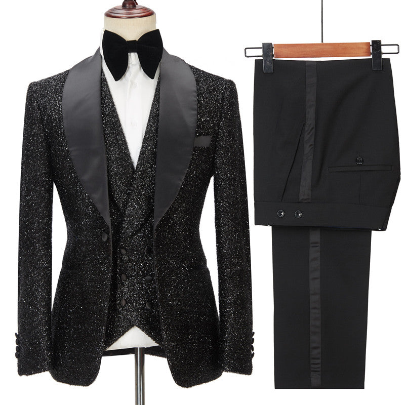 Popular Black 3 Pieces Groomsmen Tuxedos with Sparkly Shawl Lapel