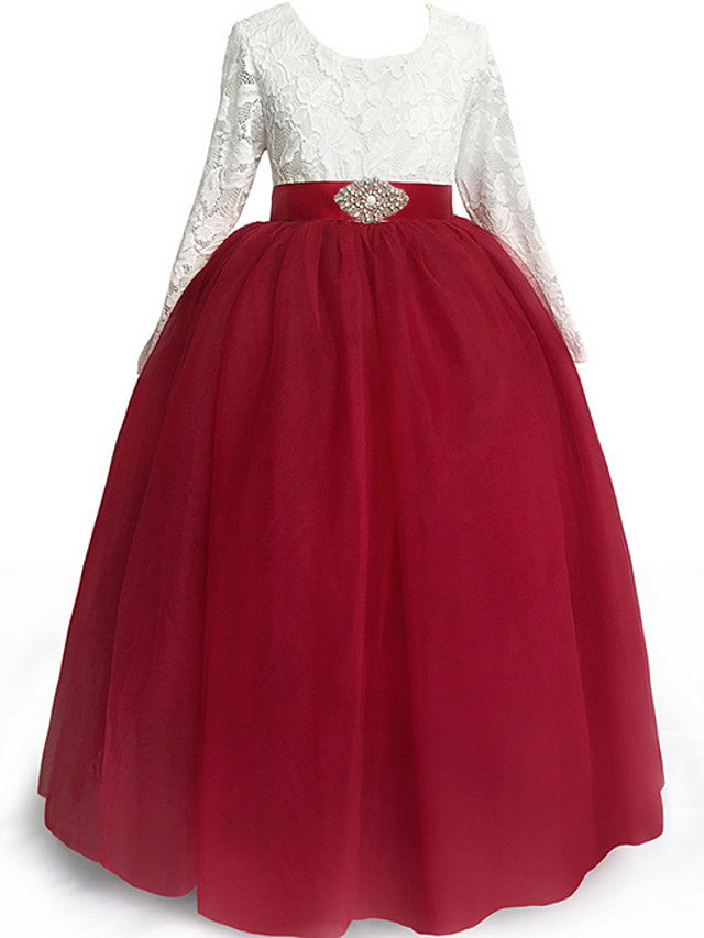 Long Sleeve A-Line Flower Girl Dress with Lace Sash and Pleats