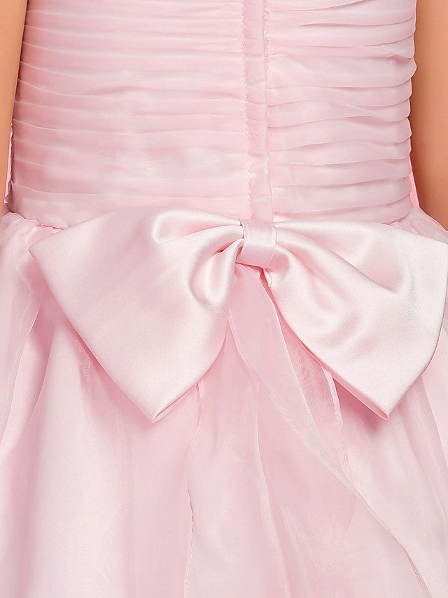 A-Line Ankle Length Organza First Communion Dress With Bow Ruched Appliques