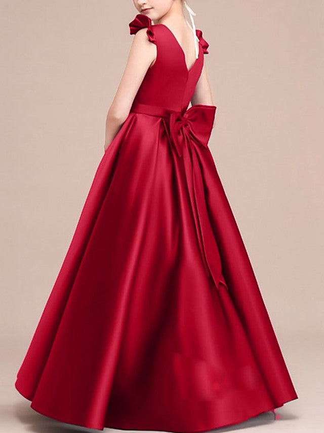 A-Line Round Neck Satin Junior Bridesmaid Dress with Bows & Ruffles