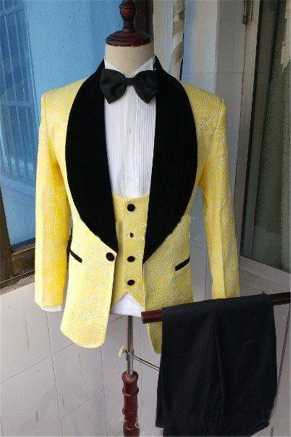 Formal Yellow Wedding Suit for Men - Lapel Shawl Bespoke Jacquard Blazer