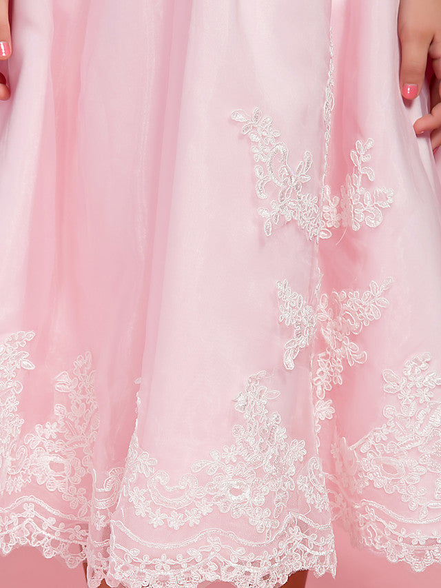 A-Line Ankle Length Organza First Communion Dress With Bow Ruched Appliques