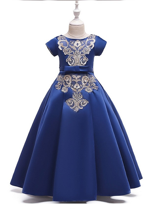 A-Line Flower Girl Dress with Short Sleeves and Bow Appliques - Floor Length