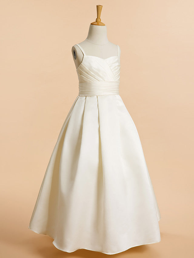 Satin A-Line Flower Girl Dress with Sleeveless Spaghetti Strap and Sash Ribbon