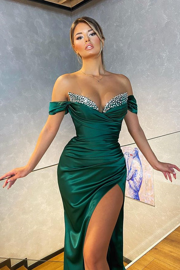 Dark Green Mermaid Prom Dress with Off-the-Shoulder Split