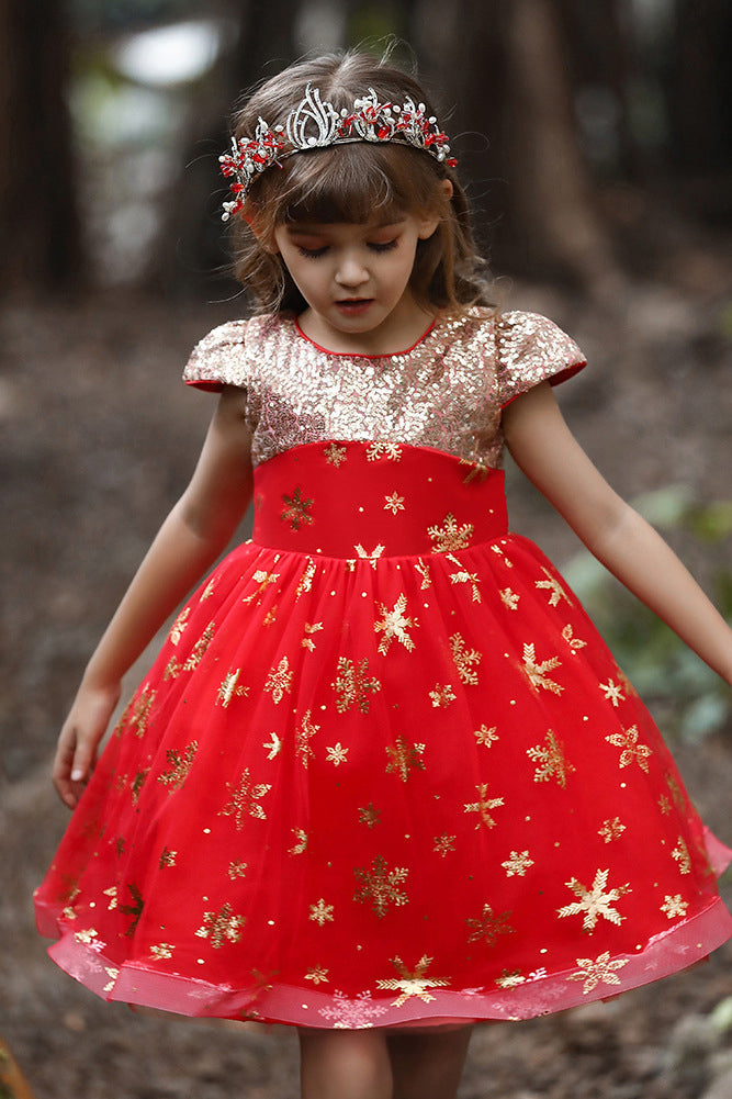 Short Red A-line Glitter Flower Girls Dress with Tulle Appliques