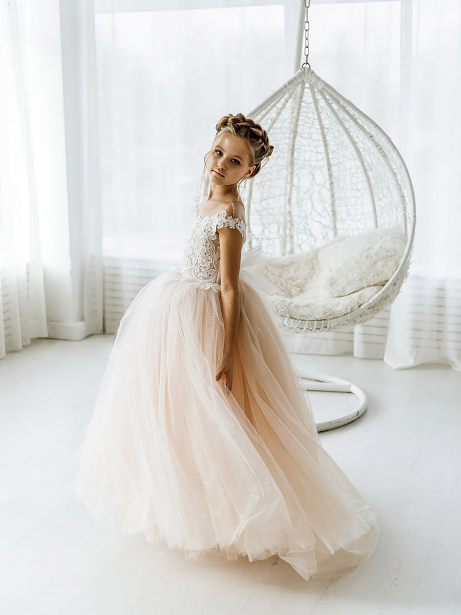 Boho Flower Girl Dresses Tulle with Bow - Ball Gown Sleeveless Open Back