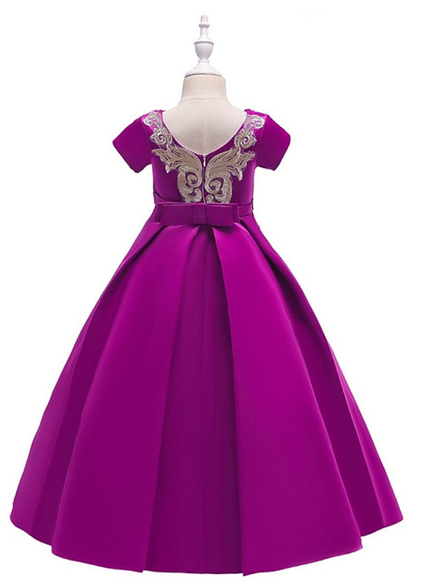 A-Line Flower Girl Dress with Short Sleeves and Bow Appliques - Floor Length