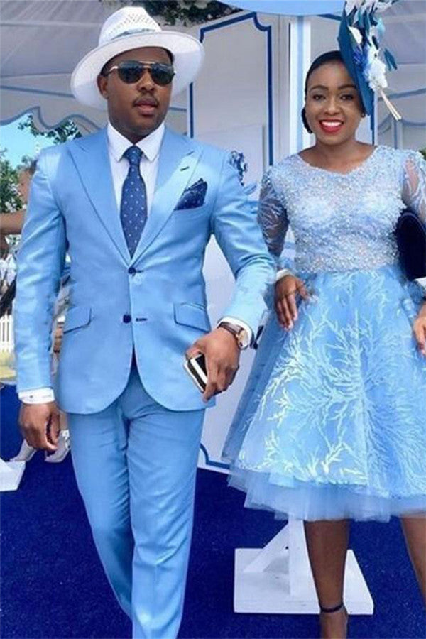 2022 Slim Fit Blue Peaked Lapel Prom Attire for Guys
