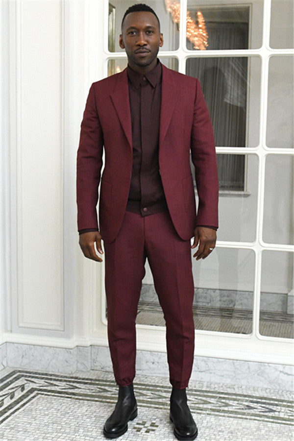 2 Pieces Burgundy Designer Suits For Men - Peaked Lapel