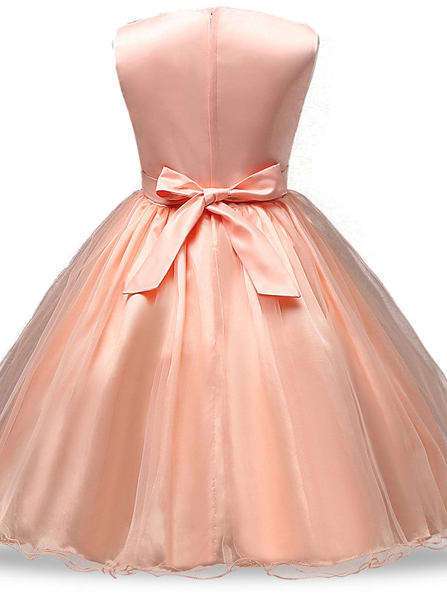 Princess Midi Dress with Tulle Sleeves Jewel Neck & Bow Applique