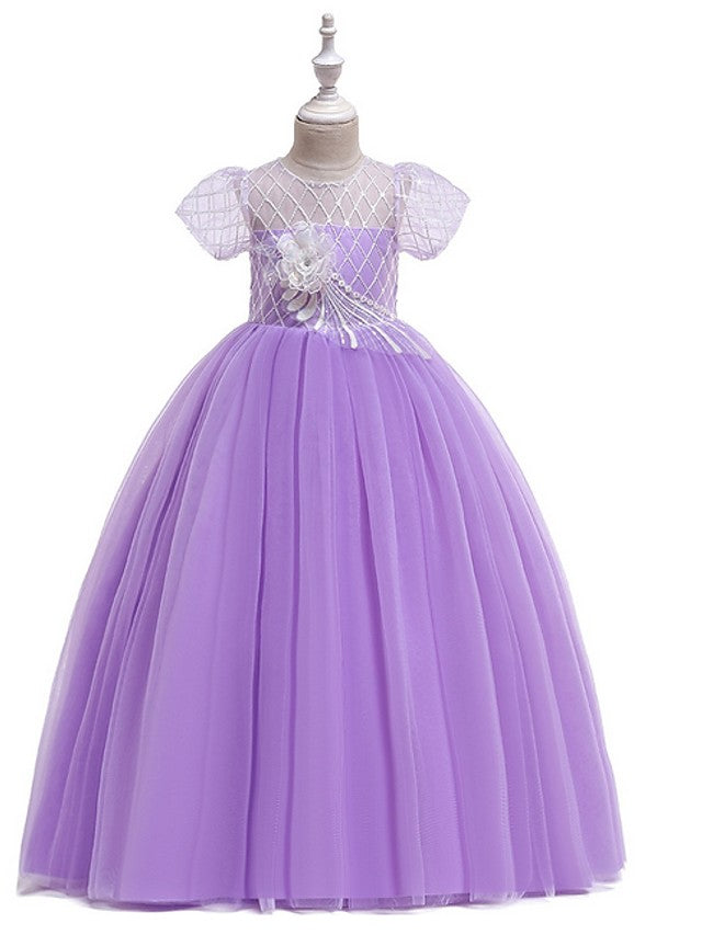 Flower Girl Dress with Bow Appliques - Short Sleeves Ball Gown Floor Length