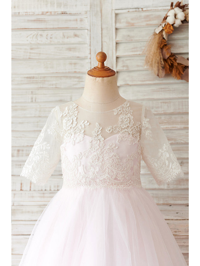 Lace Tulle Half Sleeve Ball Gown Wedding Birthday Flower Girl Dresses With Buttons