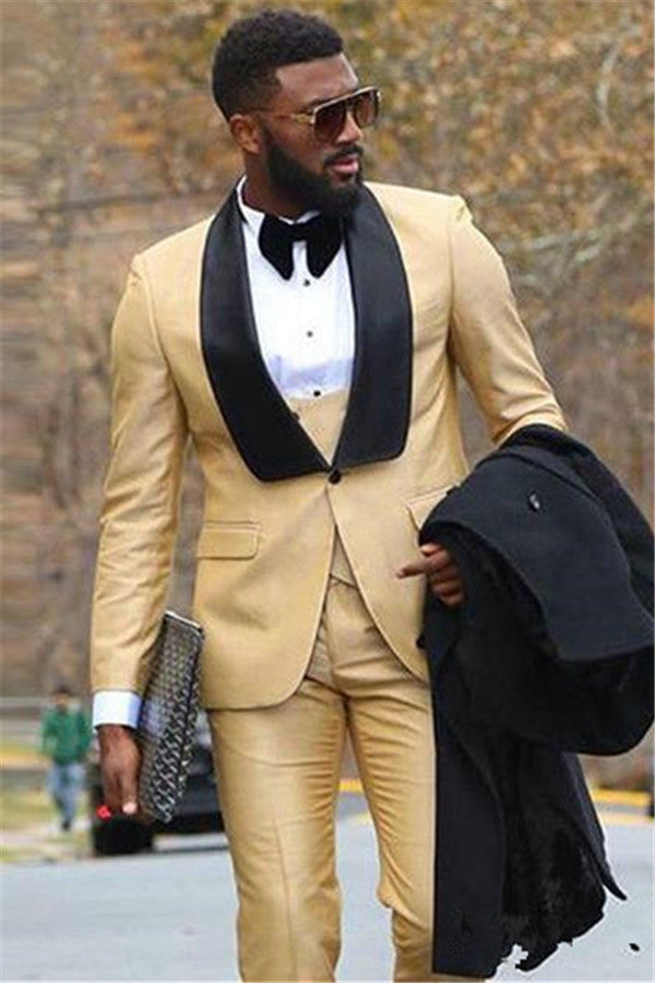 Stylish Three Piece Business Suit with Black Lapel - Champagne