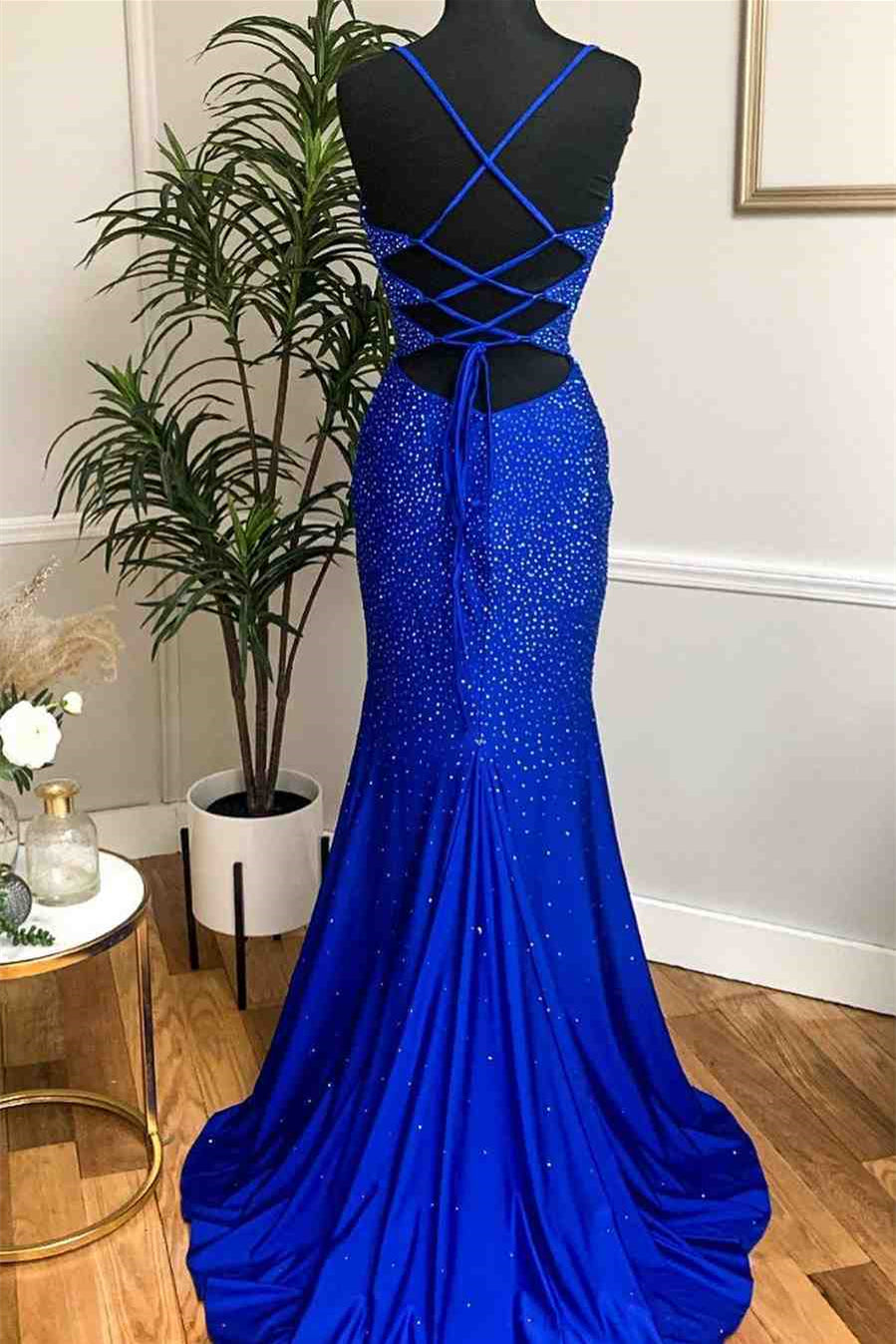 Mermaid Prom Dress in Royal Blue with Spaghetti-Straps and Appliques