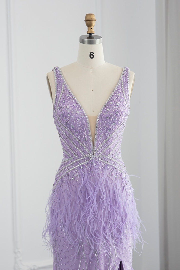 Sexy V Neck Sheath Evening Dress with Feathers and Open Back