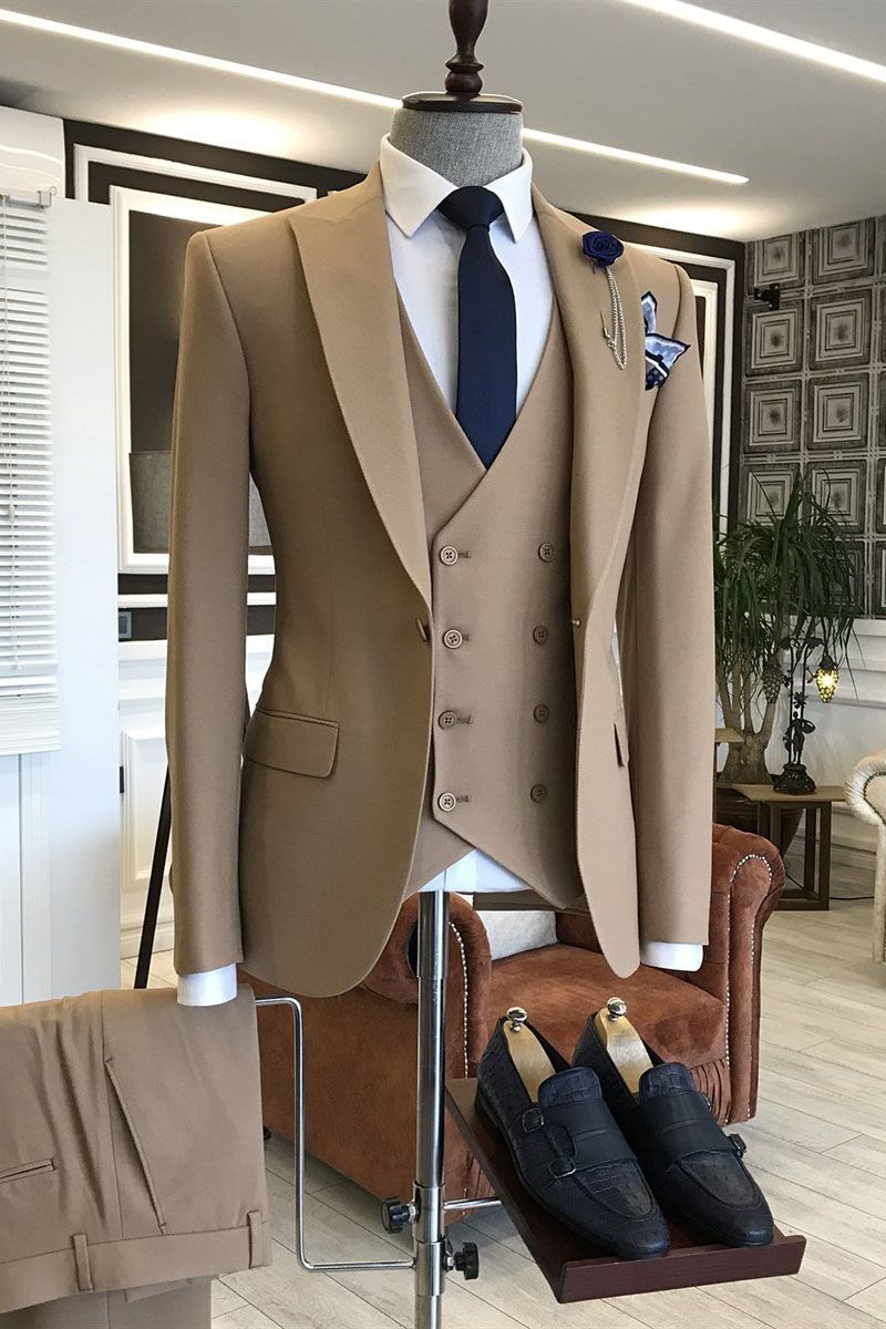 Simple & Stylish 3-Piece Brown Wedding Suit with Peaked Lapel