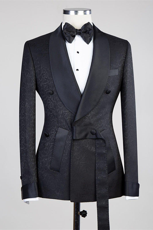 Ernesto Black Double Breasted Shawl Lapel Jacuqard Wedding Suit
