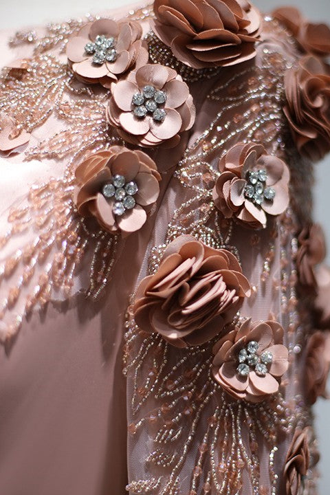 Elegant A Line Prom Dress with Long Sleeves and Flower Appliques