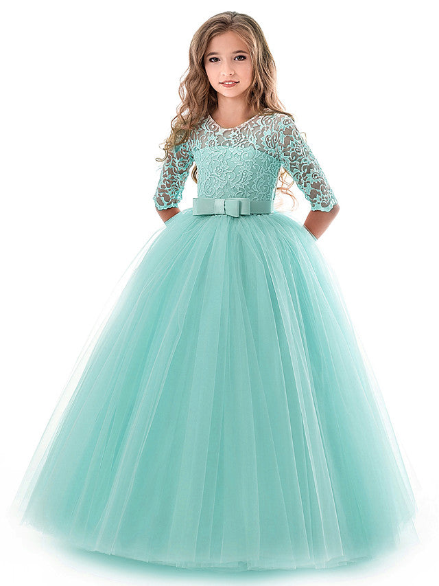 Half Sleeve Jewel Long Length Flower Girl Dress with Lace Tulle and Lace Belt Bow