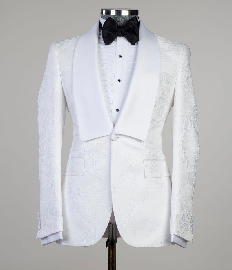 Dennis White Jacquard Shawl Lapel Three Piece Men Suit for Wedding Prom