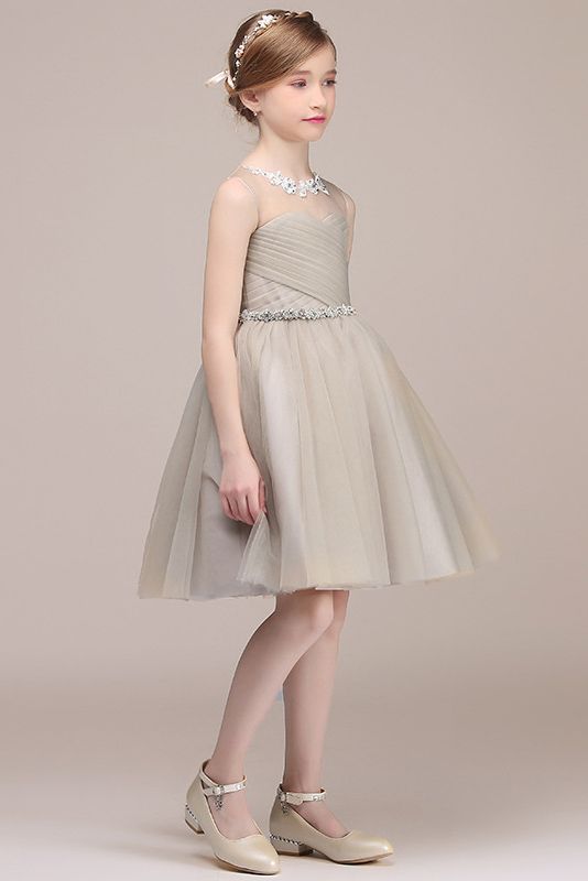 Tulle Flower Girl Dress with Beadings for Illussion Neck Sleeveless