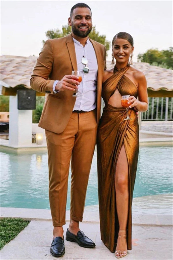 Elegant Brown Suit for Groom with Peaked Lapel and One Button
