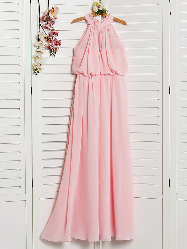 A-Line High Neck Floor Length Chiffon Junior Flower Girl Dress with Ruffles Ruching