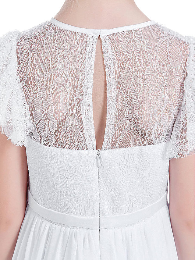 Short Sleeve Jewel Neck Flower Girl Dress with Lace and Butterfly