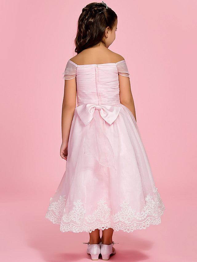 A-Line Ankle Length Organza First Communion Dress With Bow Ruched Appliques