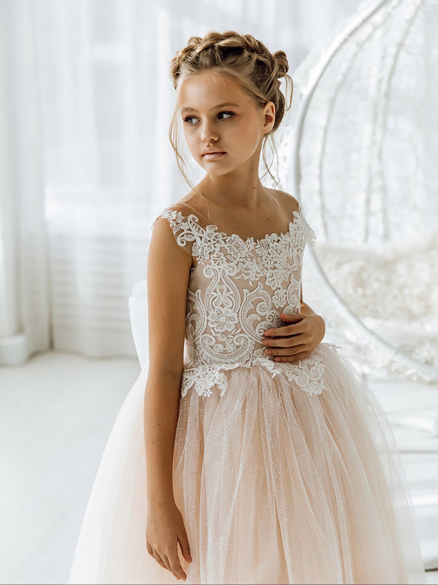 Boho Flower Girl Dresses Tulle with Bow - Ball Gown Sleeveless Open Back