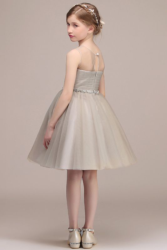 Tulle Flower Girl Dress with Beadings for Illussion Neck Sleeveless