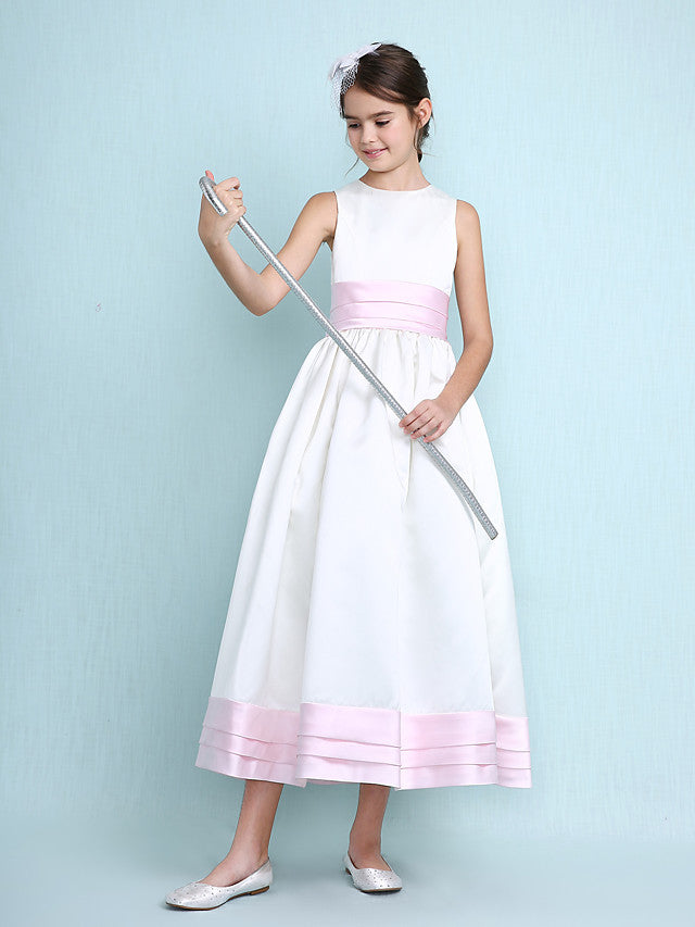 Princess A-Line Jewel Neck Satin Junior Bridesmaid Dress with Sash Ribbon Ruched Ruffles for Spring Summer Fall Winter Weddings