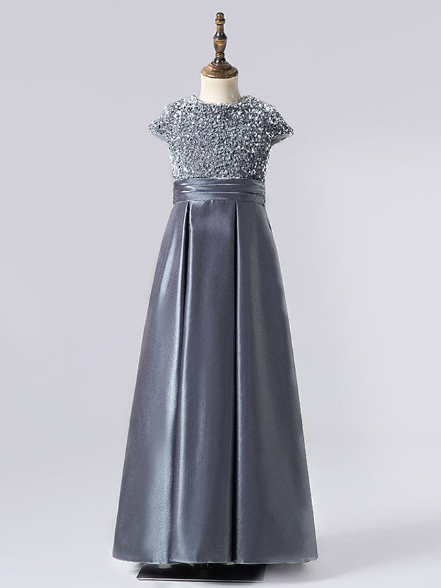 Column Cap Sleeve Jewel Neck Flower Girl Dress with Satin Pleats and Sequins
